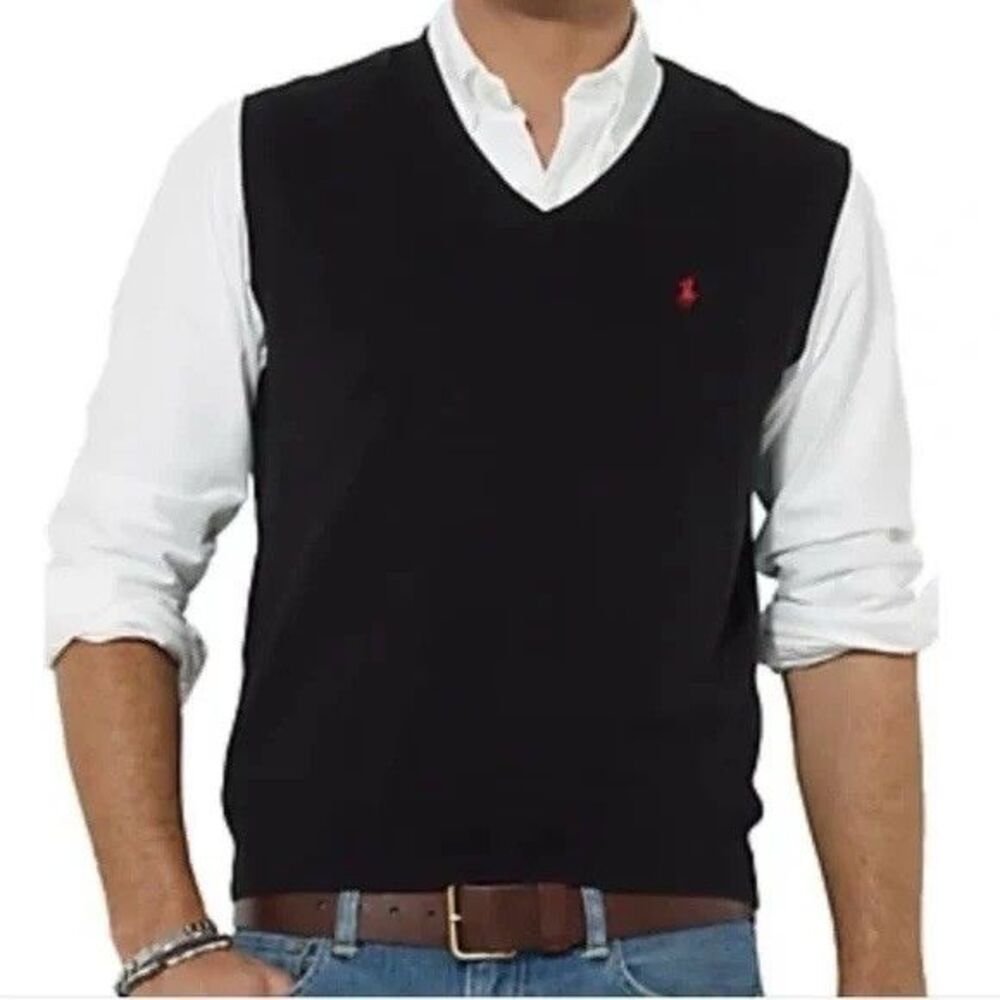 NWT Ralph Lauren Polo Mens Sweater Vest Pima Cotton Black Red Pony Size L